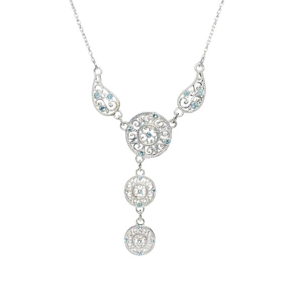 Avon Silver Tone And Blue Rhinestones Lariat Necklace W/ Pierced Earrings (6162) - Picture 2 of 7